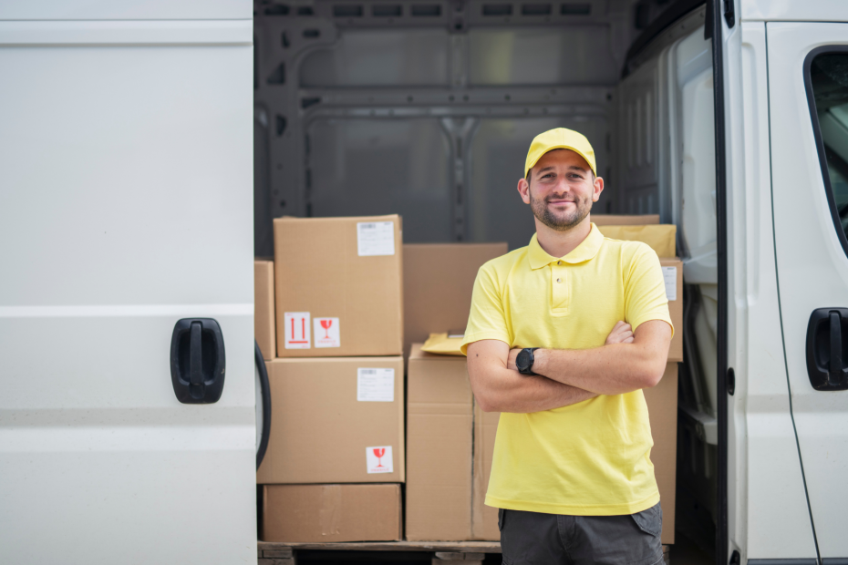 Trabajador sonriendo mirando a la cámara mientras detrás suyo hay las cajas de cartón de envío en una furgoneta para enviárselo a un cliente